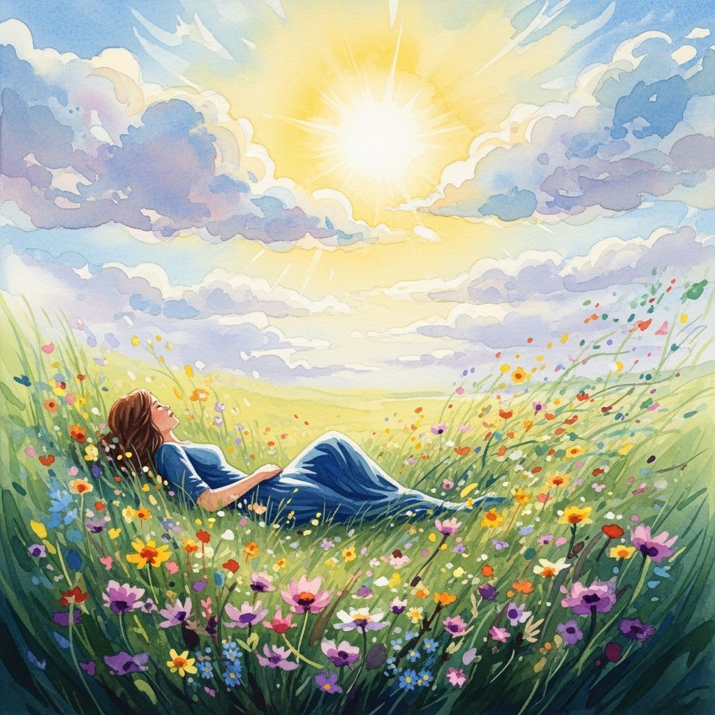 Dreamlike Watercolour of Woman Resting in Flower Meadow