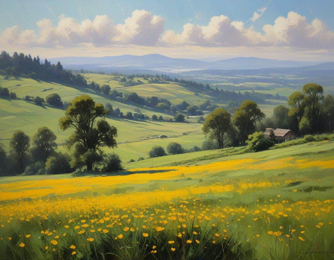 Dreamy French Hill Landscape with Dandelions in Impressionis...