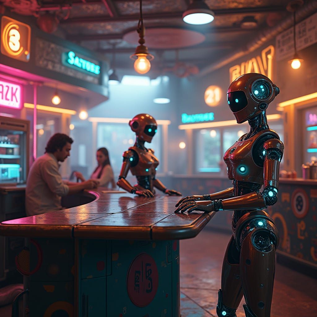 Robots in a Futuristic Cafe Serving Humans in Neon-Lit Splen...