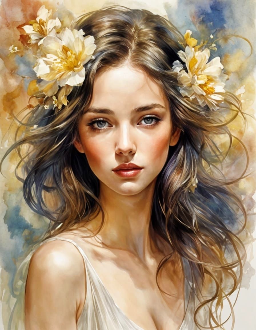Dreamy Brunette in Watercolor with Floral Accents