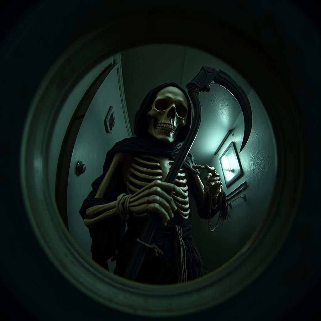 Surreal Skeleton with Scythe in Dark Corridor
