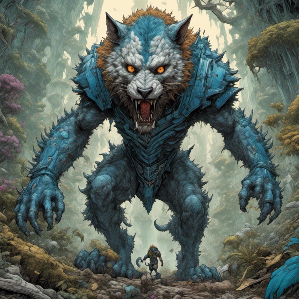 Blue Sabretooth Cat Monster in Jungle Illustration