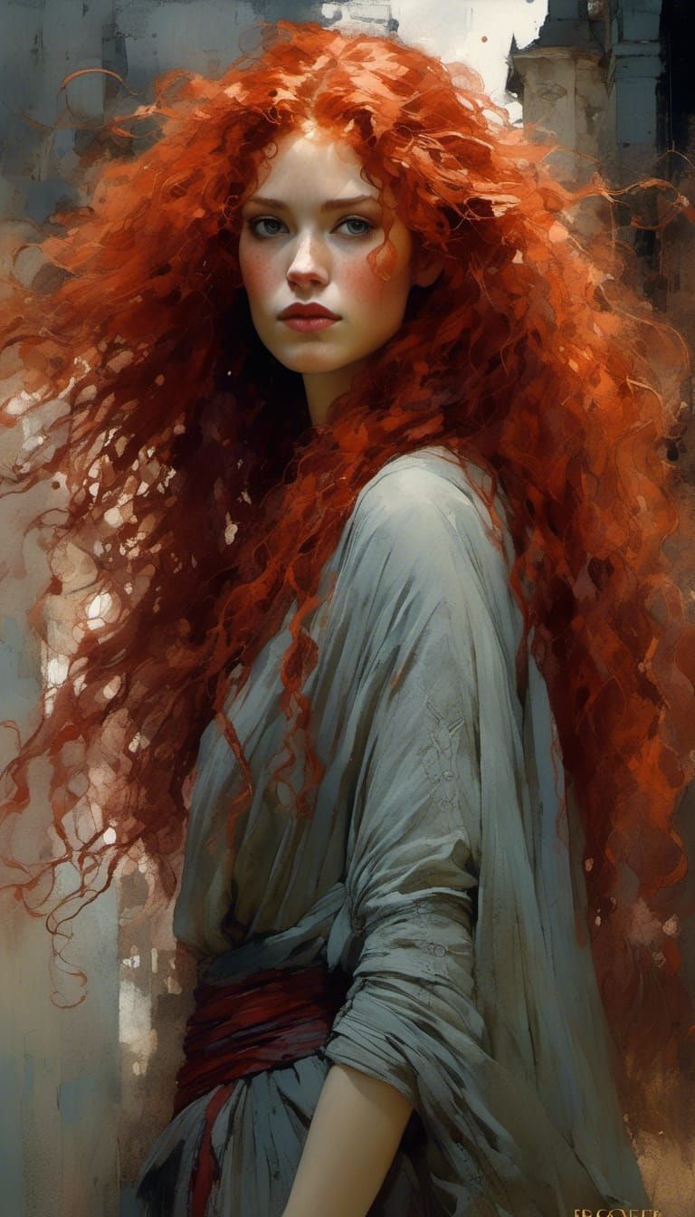 Detailed Portrait of Red-Haired Elena as Matte Painting