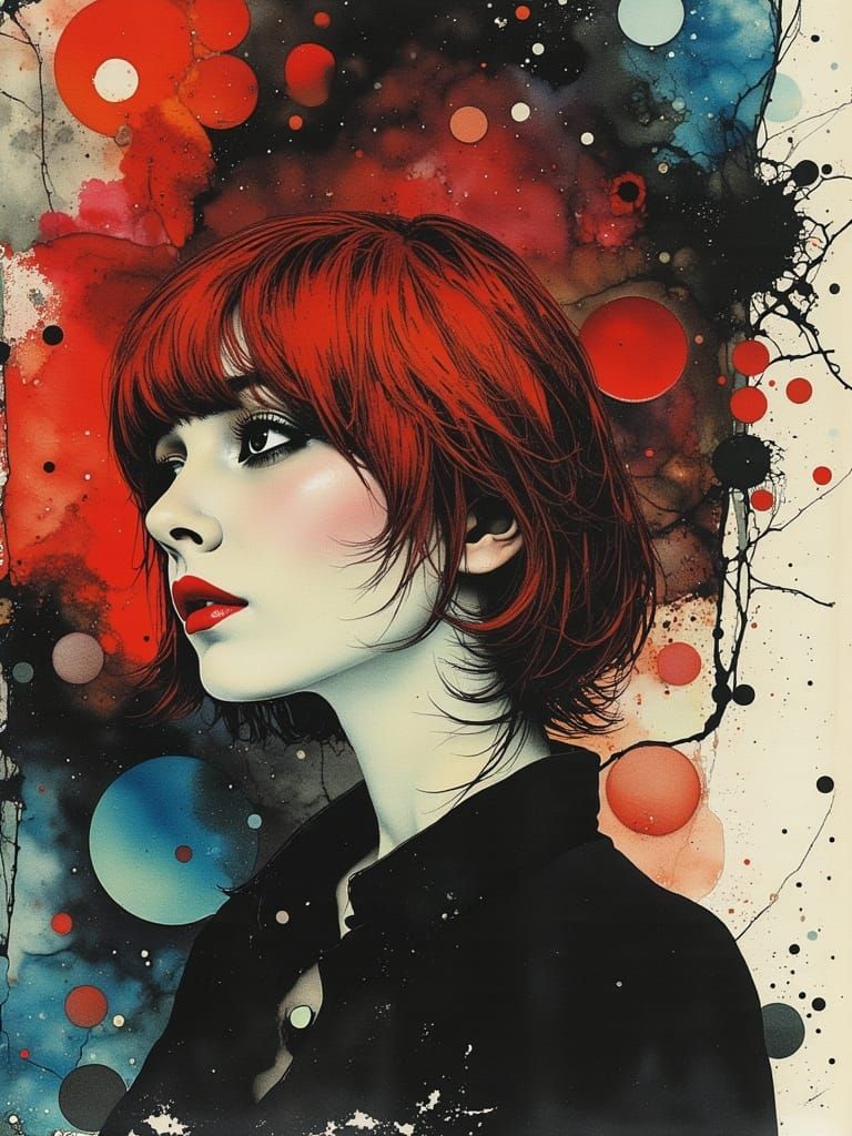 Gothic Redhead Portrait in Watercolor Alcohol Ink