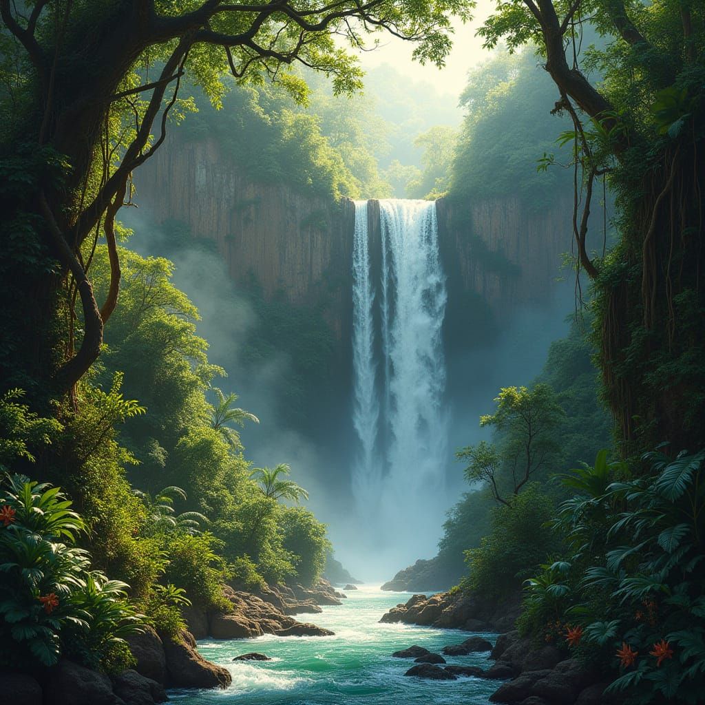 Tropical Jungle Waterfall in Vibrant Color Palette