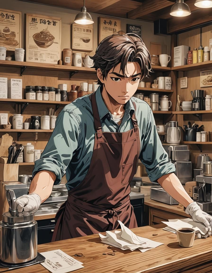 Manga Style Barista in Coffee Shop, Cel-Shaded