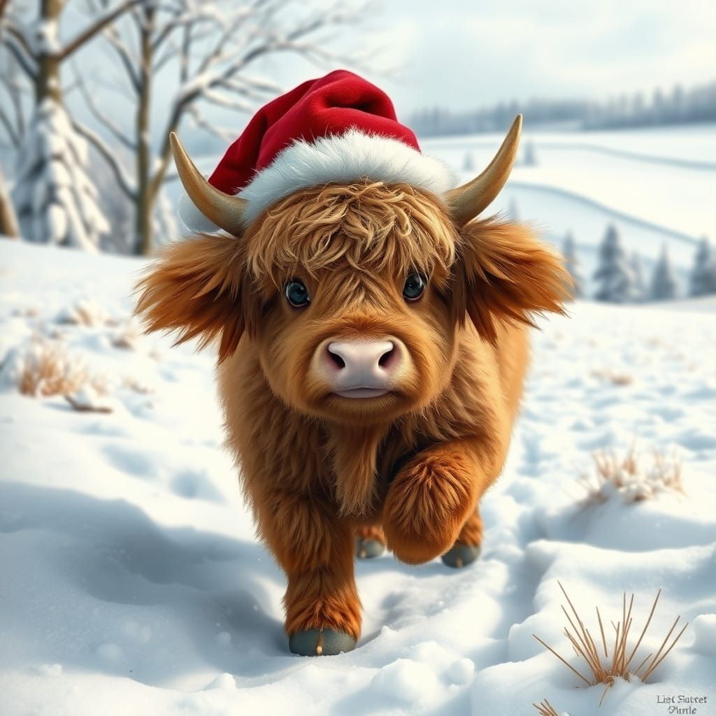 Fuzzy Highland Calf Plays in Christmas Snow