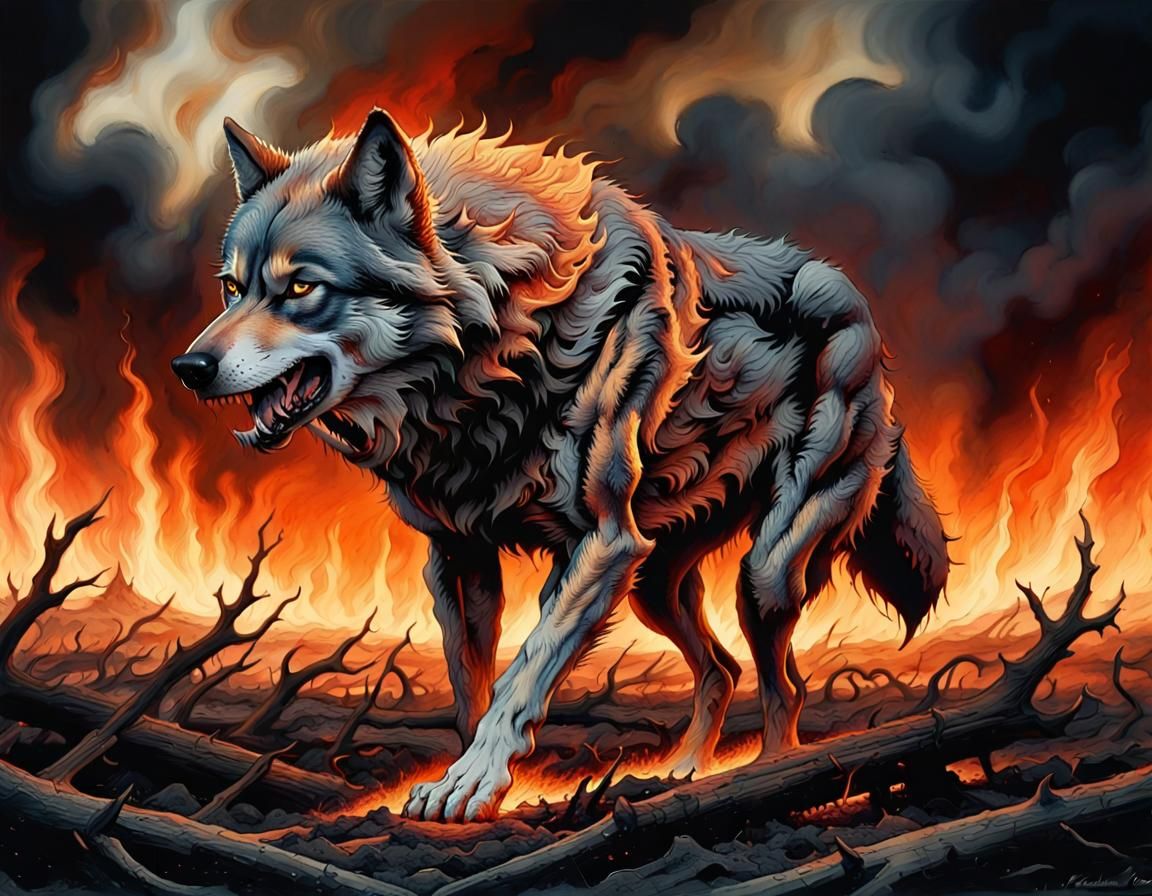 Evil Hell Wolf in a Burning Field
