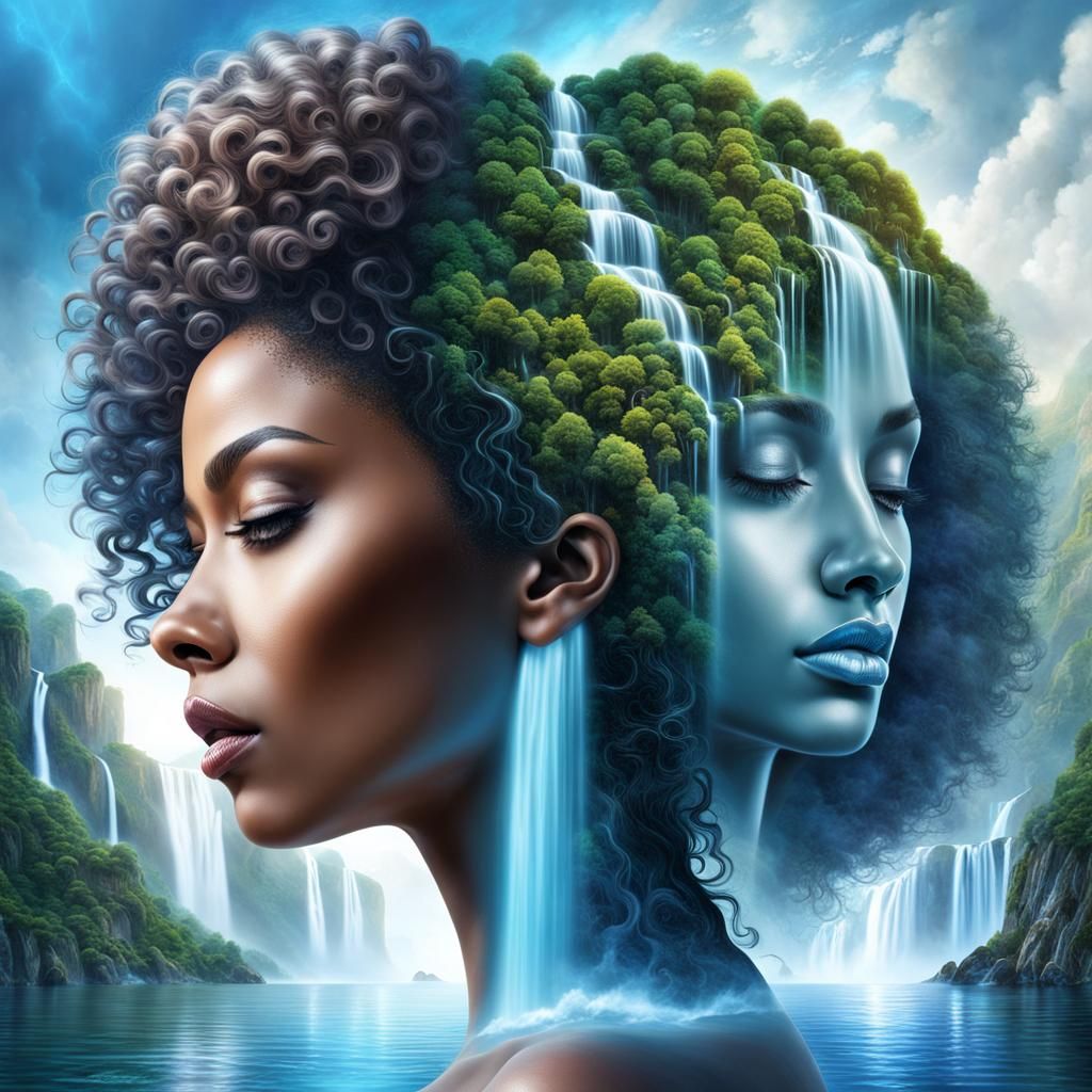 Surreal Afro Woman Waterfall Head Concept Art