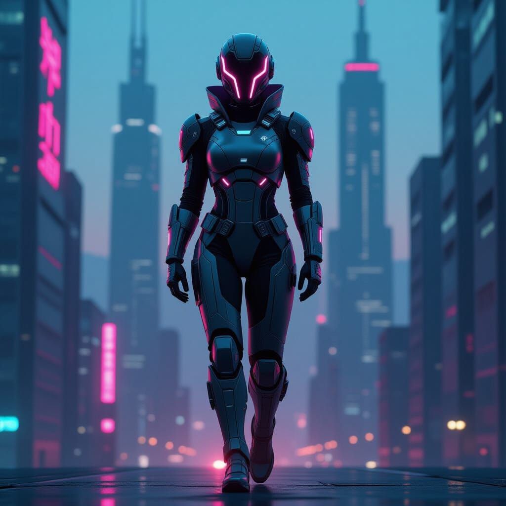 Futuristic Figure in Cyberpunk Cityscape, Syd Mead Style