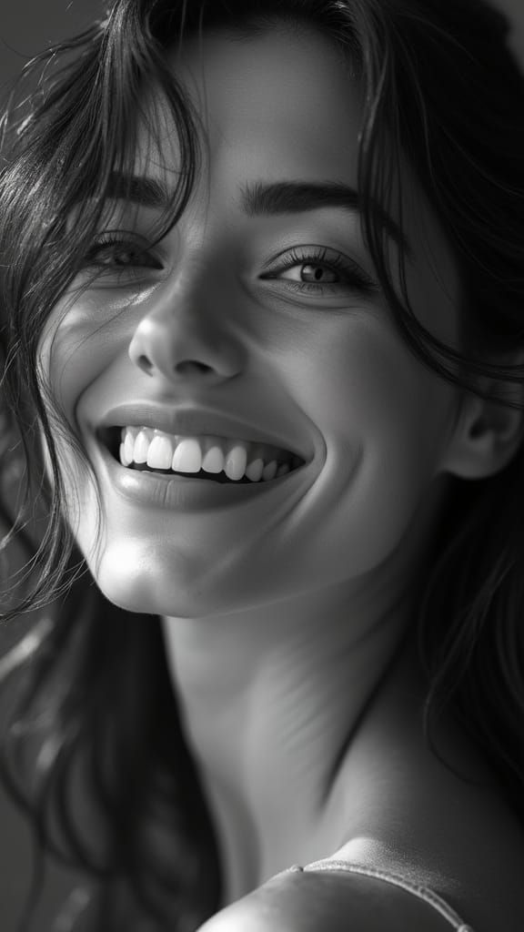 Monochrome Portrait of Radiant Woman with Flowing Hair