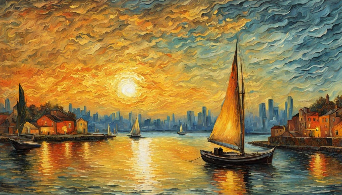 Glowing Sunset City Bay in Van Gogh Style