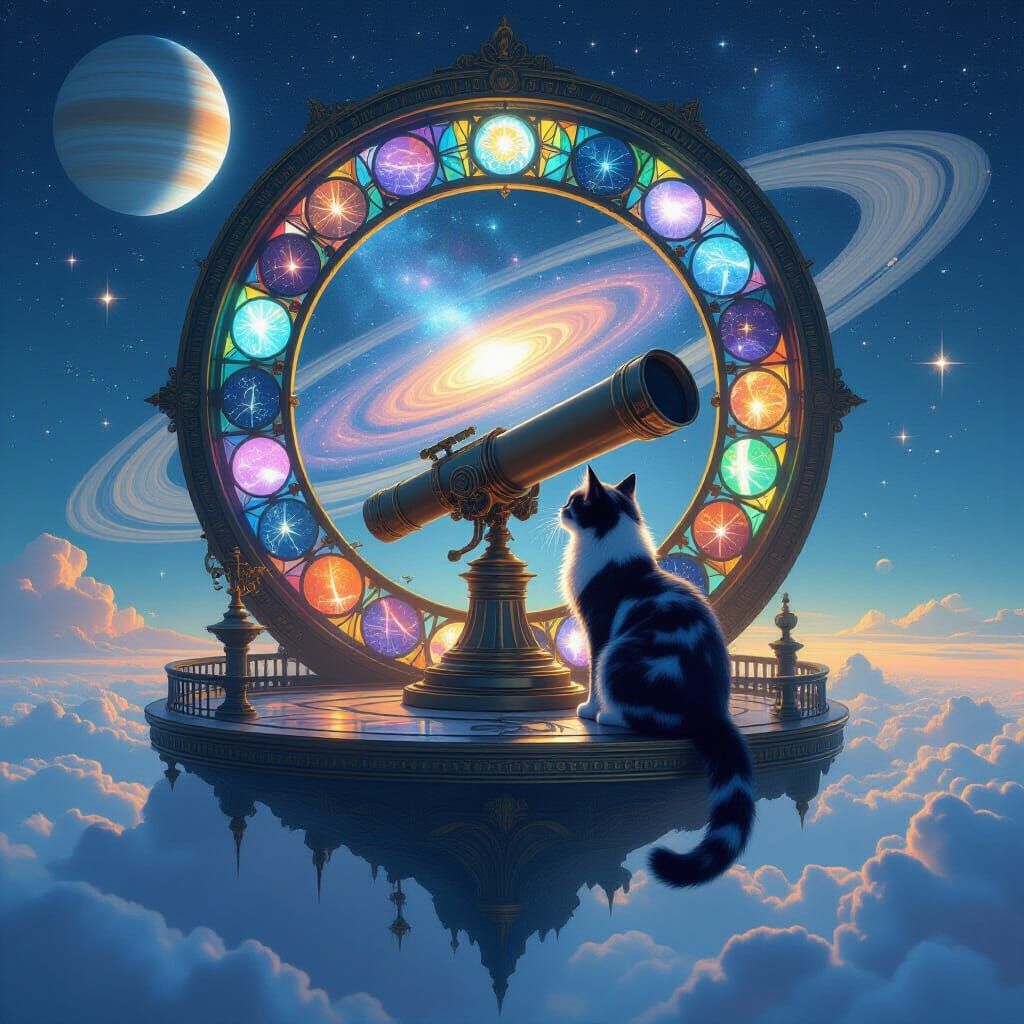 Celestial Observatory with Feline Astronomer in Hyperrealism...