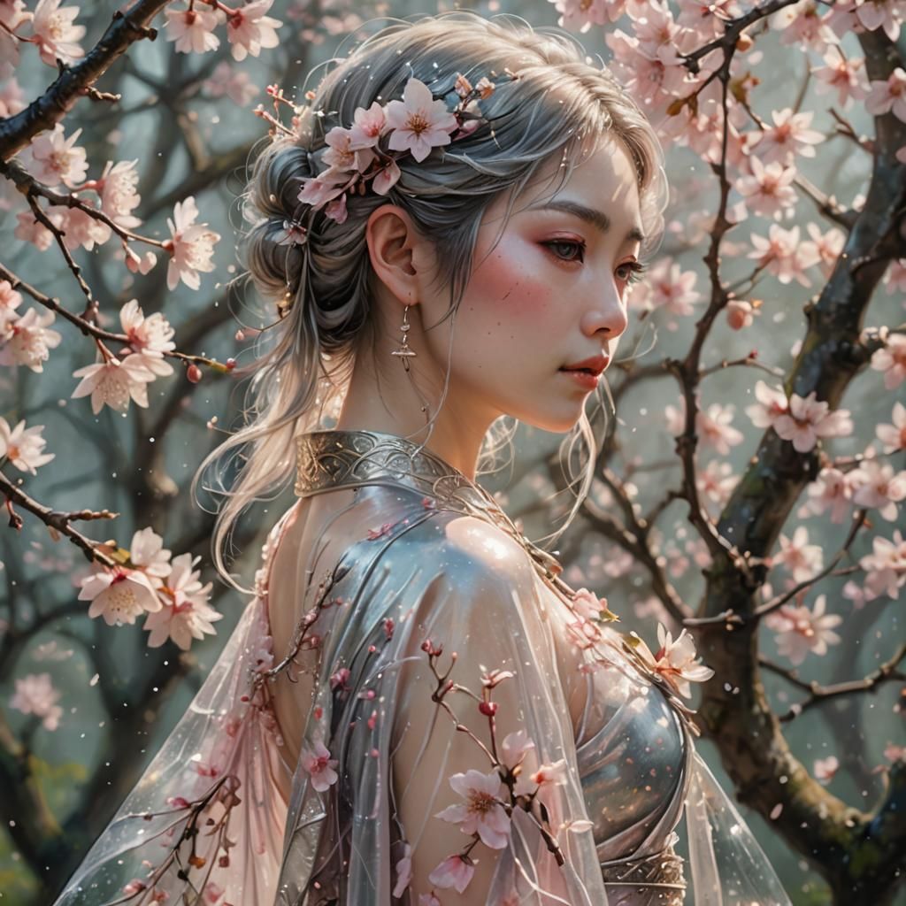 Ethereal Elf in Cherry Blossom Dress, Detailed Illustration