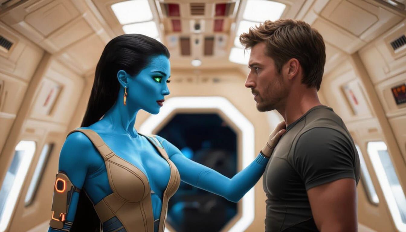 Sci-Fi Spaceship Scene: Blue-Skinned Woman and Man in Eye Co...