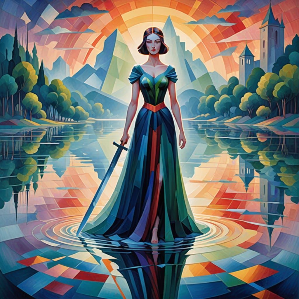 Cubist Woman with Sword in Misty Lake