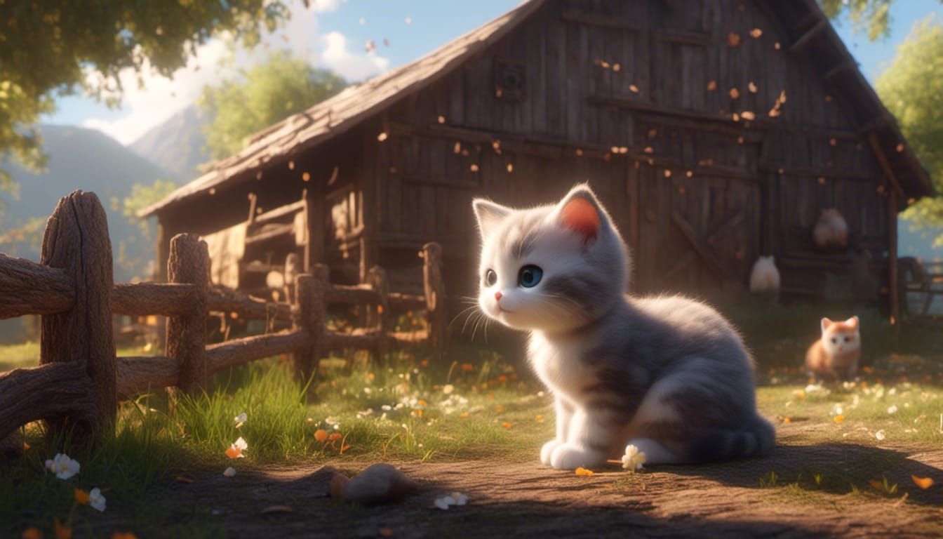 Giant Kitten Beside Barn in Anime Style