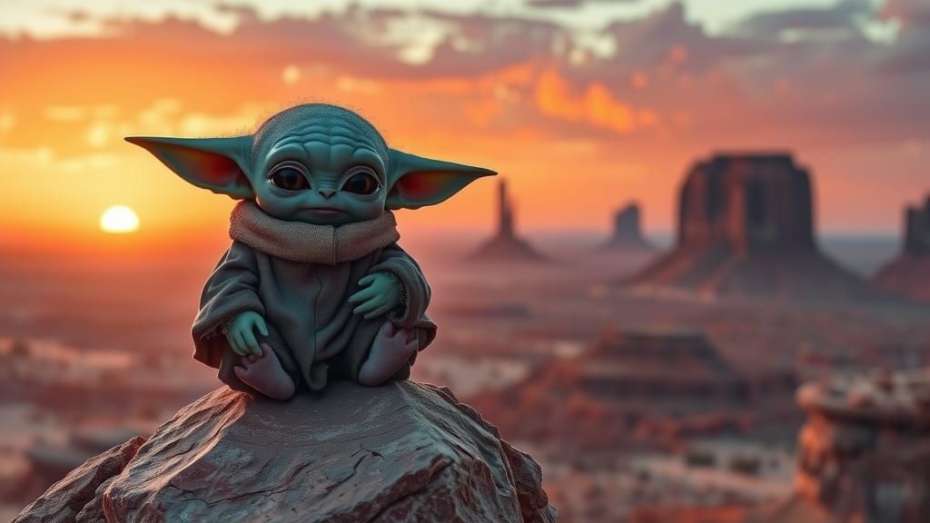 A Grumpy Grogu (baby Yoda)sitting on a rock, stunning desert sunset.
