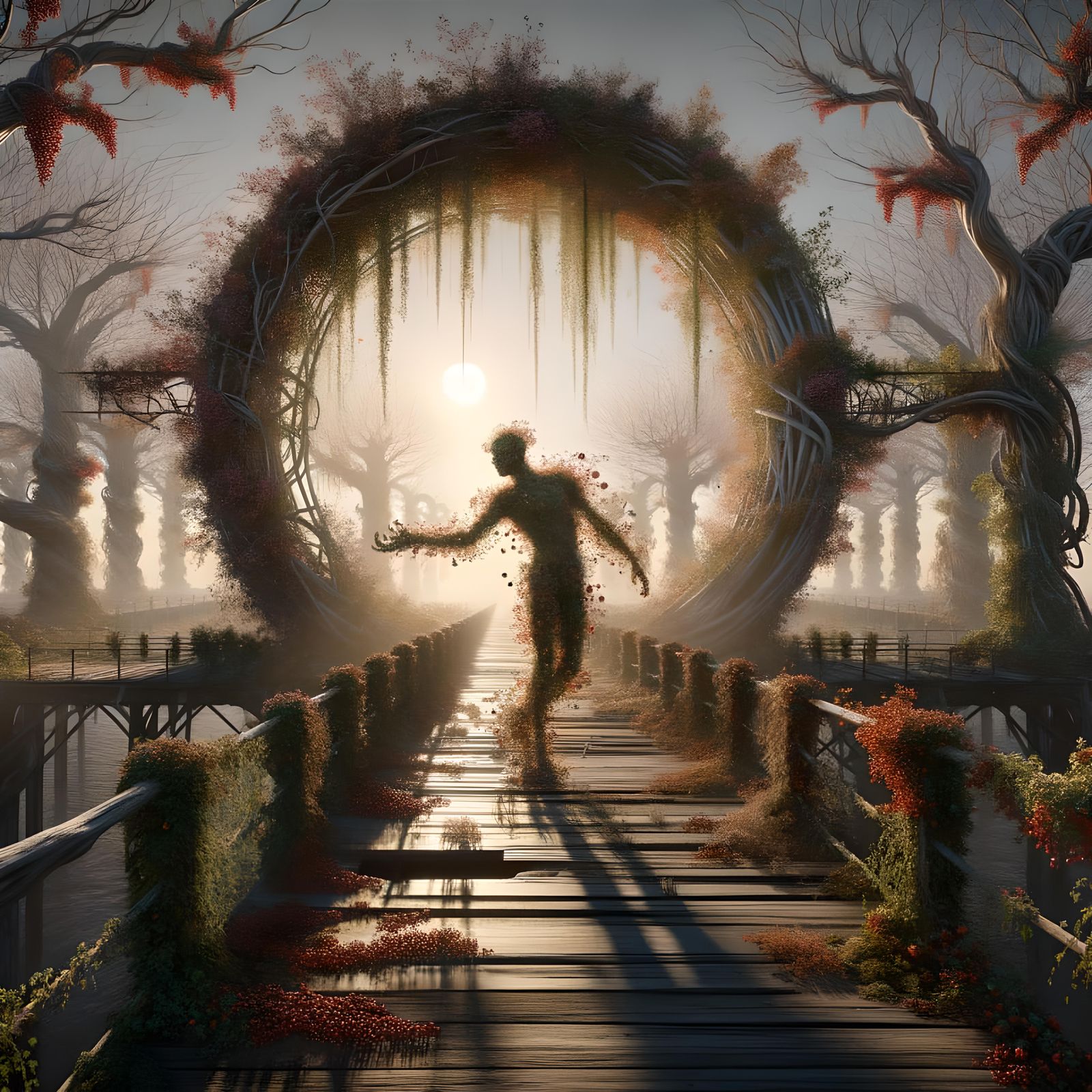 Floral Dancer on Ancient Bridge at Sunset