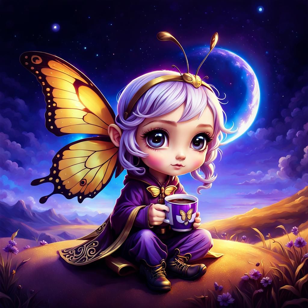 Butterfly girl enjoys her coffee
