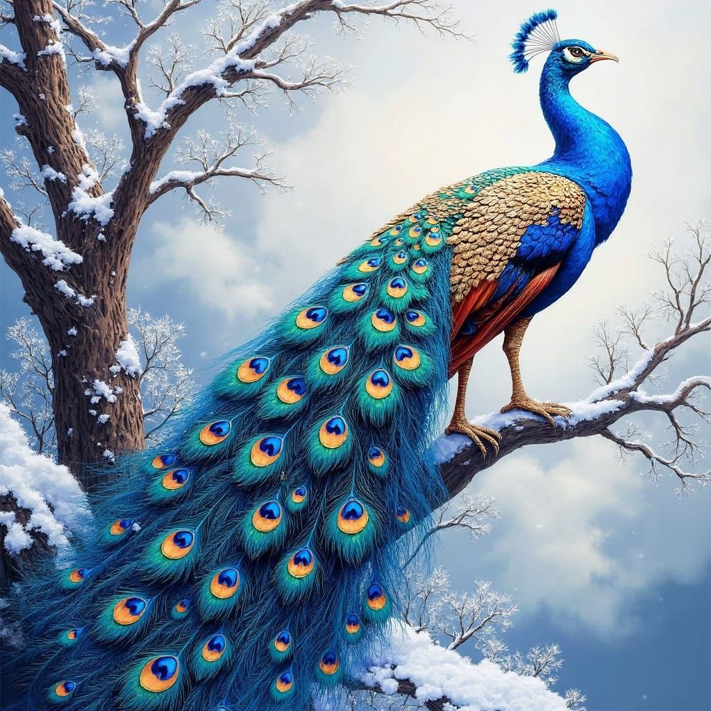 Gilded Winter Peacock Ascends