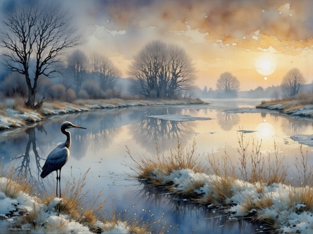 Heron in Foggy Field: Watercolor Impression