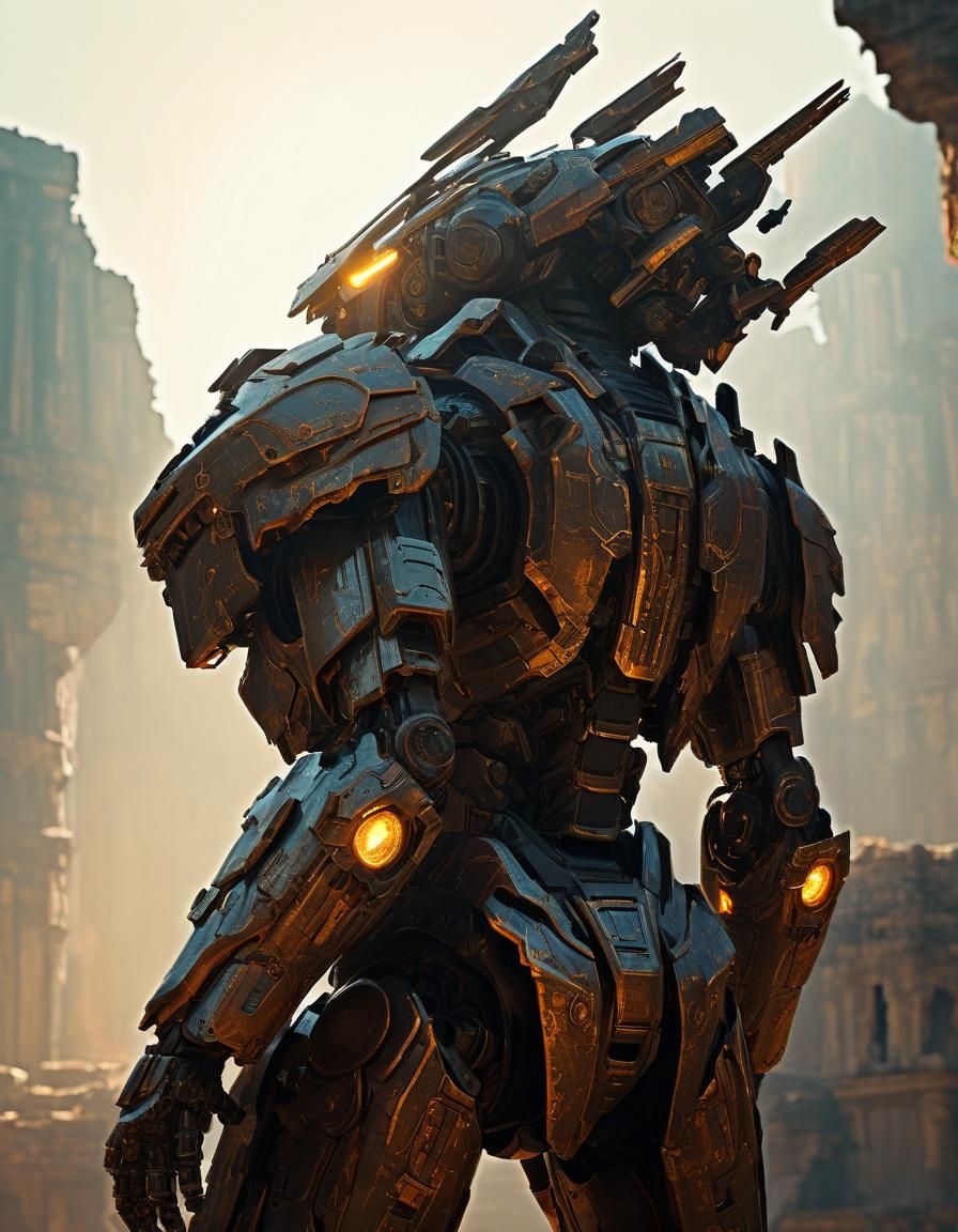 Futuristic Mech in Ancient Ruins at Golden Hour