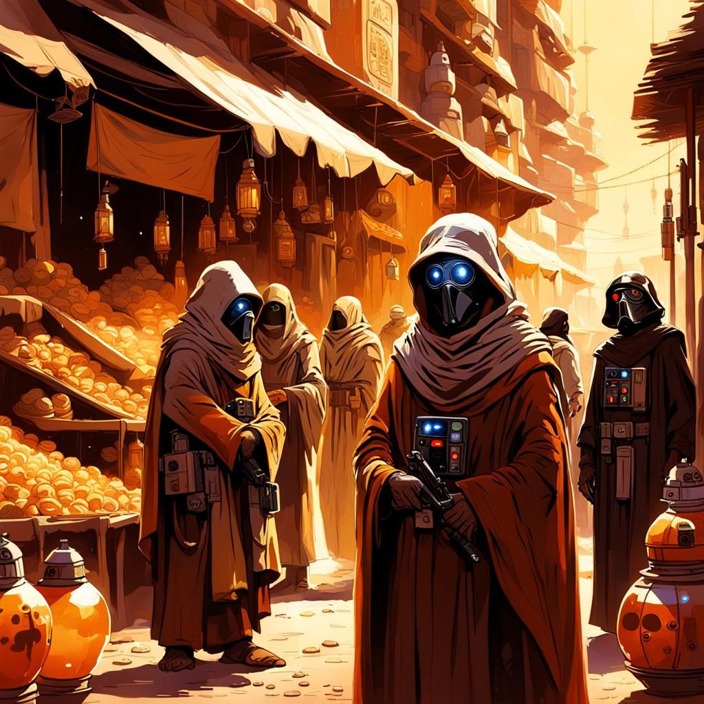 Jawas in Mos Eisley Market: Sci-Fi Concept Art