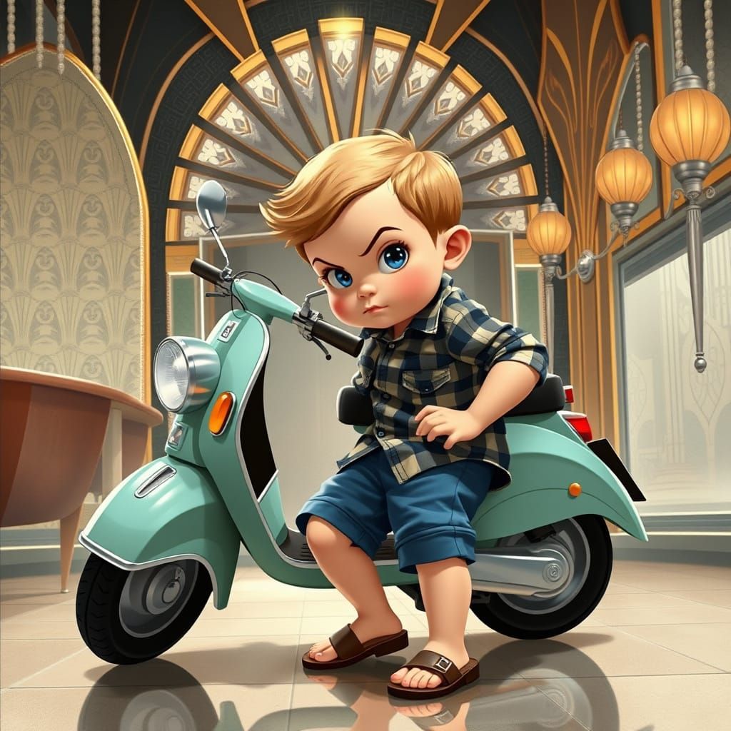 Mischievous Child Plans Scooter Theft in Art Deco Style