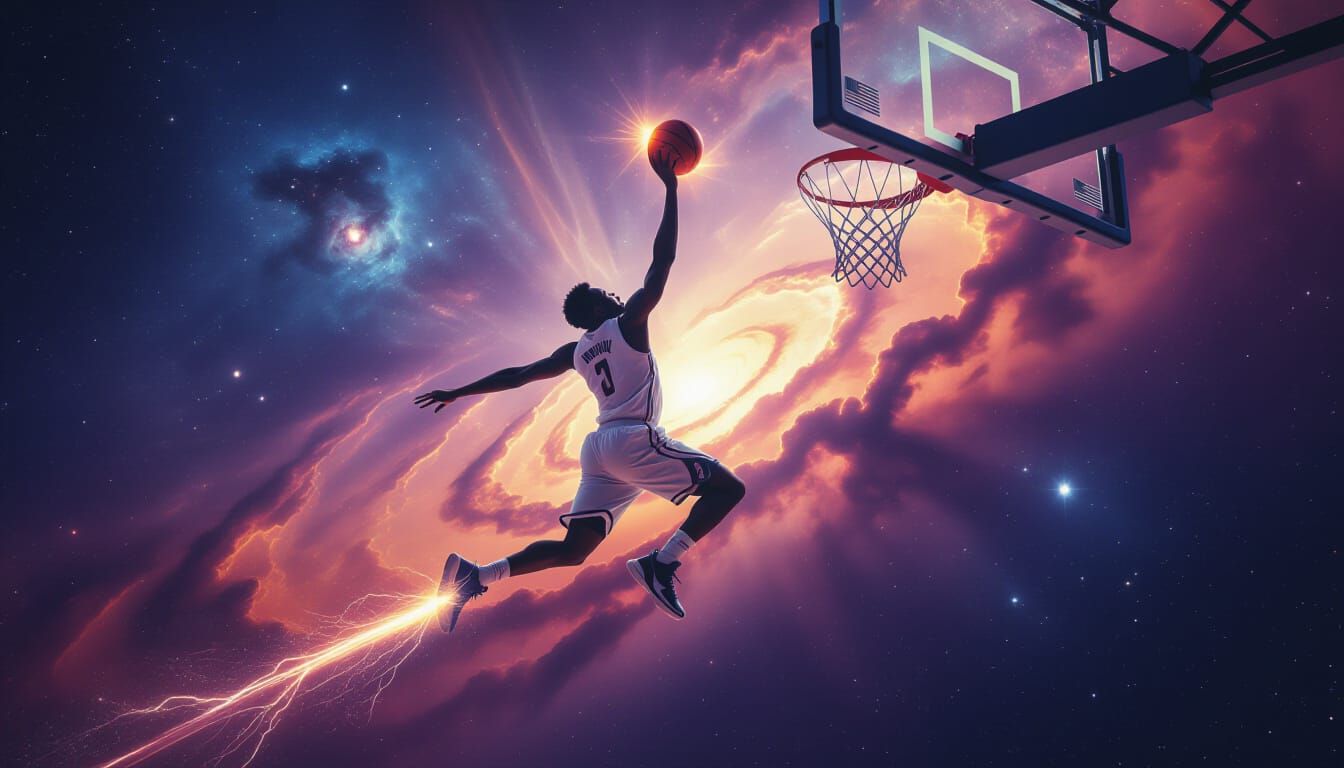 Basketball Player Dunking Before Cosmic Nebula