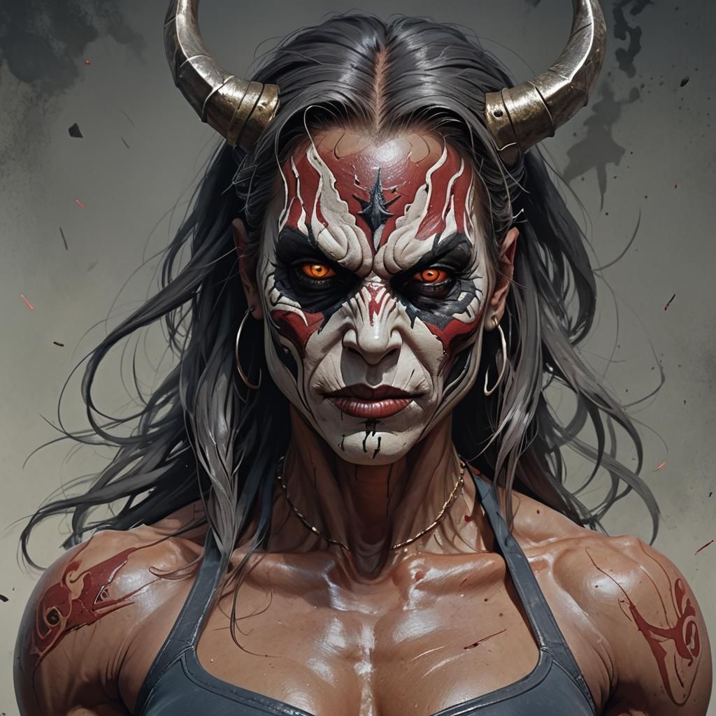Demonic Masked Bodybuilder Portrait in Hyperdetailed Style