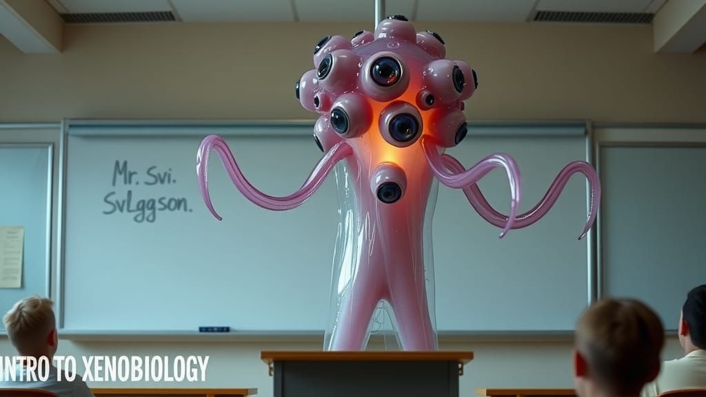 Translucent Alien Teacher in Xenobiology Classroom