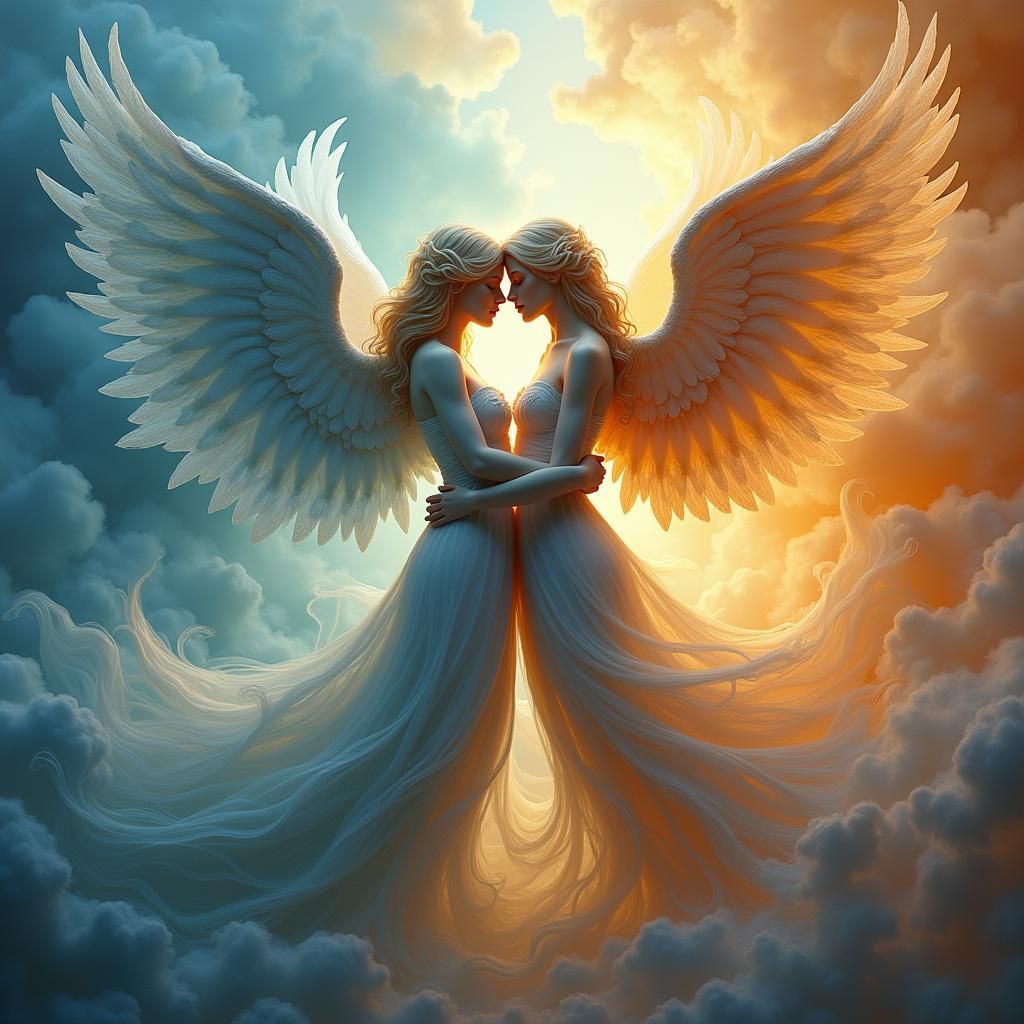 Angels Embracing in Ethereal, Dreamlike Art