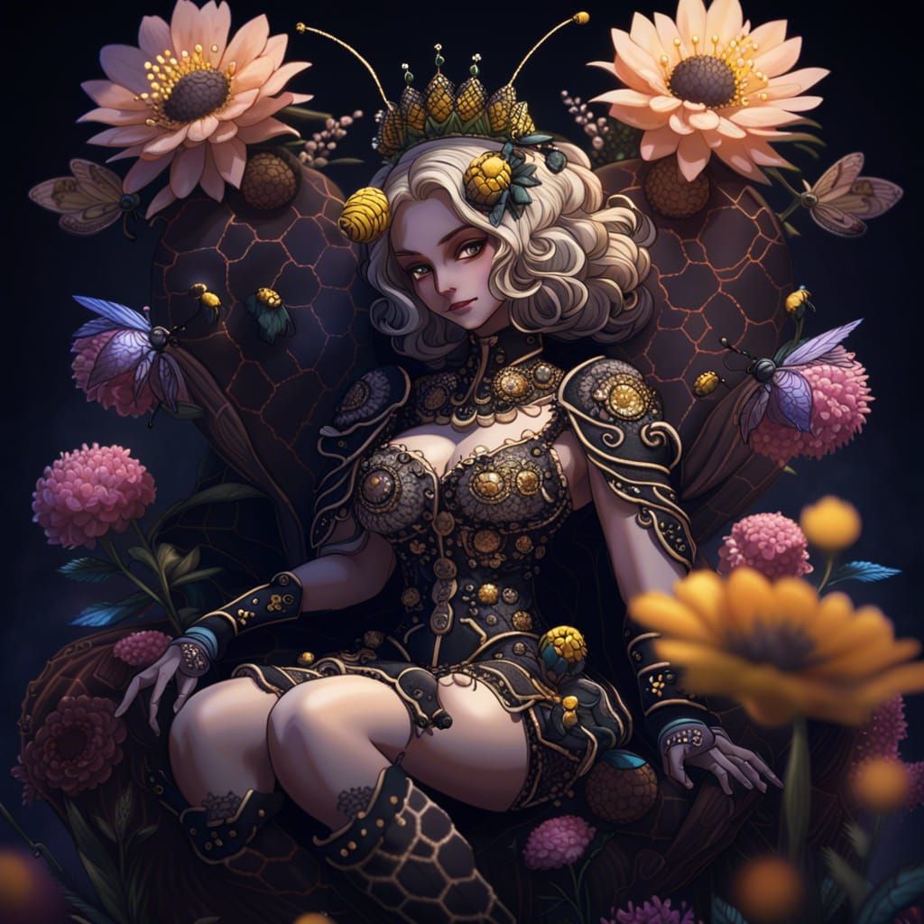 Queen Bee on Flower, Maximalist Digital Art