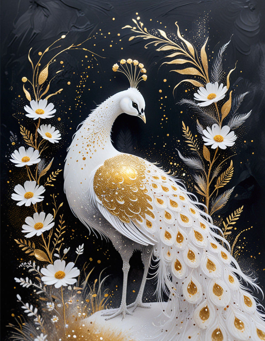 Whimsical Soot Painting of a Glowing Peacock in an Enchanted...