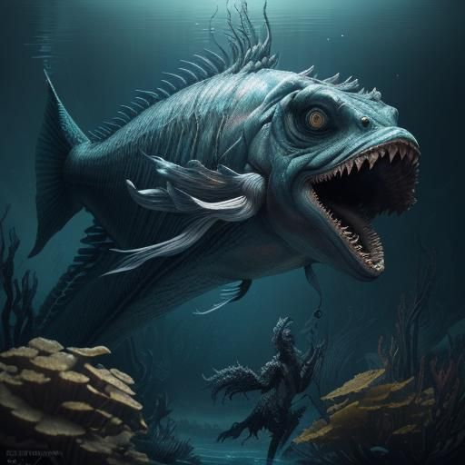 Intricate Underwater Monster Fish in Dark Fantasy Style