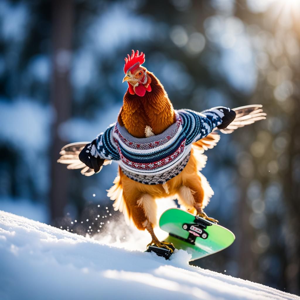 Chicken Snowboarding in Professional Photography Style