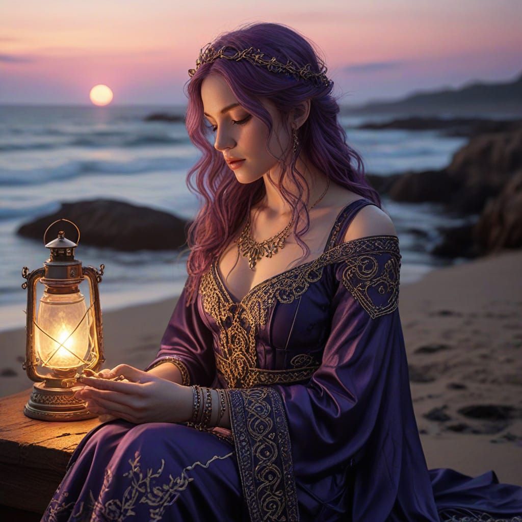 Celtic Sorceress Goddess Cradles Moon in Reverence