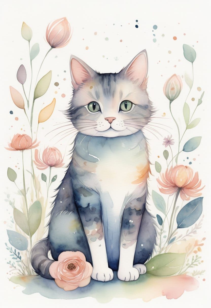 Whimsical Kitty in a Sunny Garden, Watercolor Style