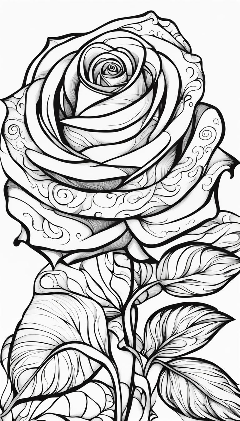 Simple Cartoon Rose Coloring Page in Black and White