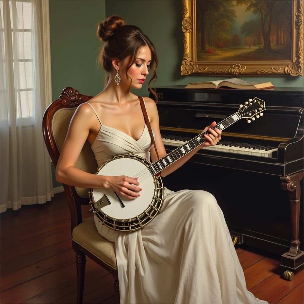 Woman in Elegant Dress Plays Banjo, Oil Painting