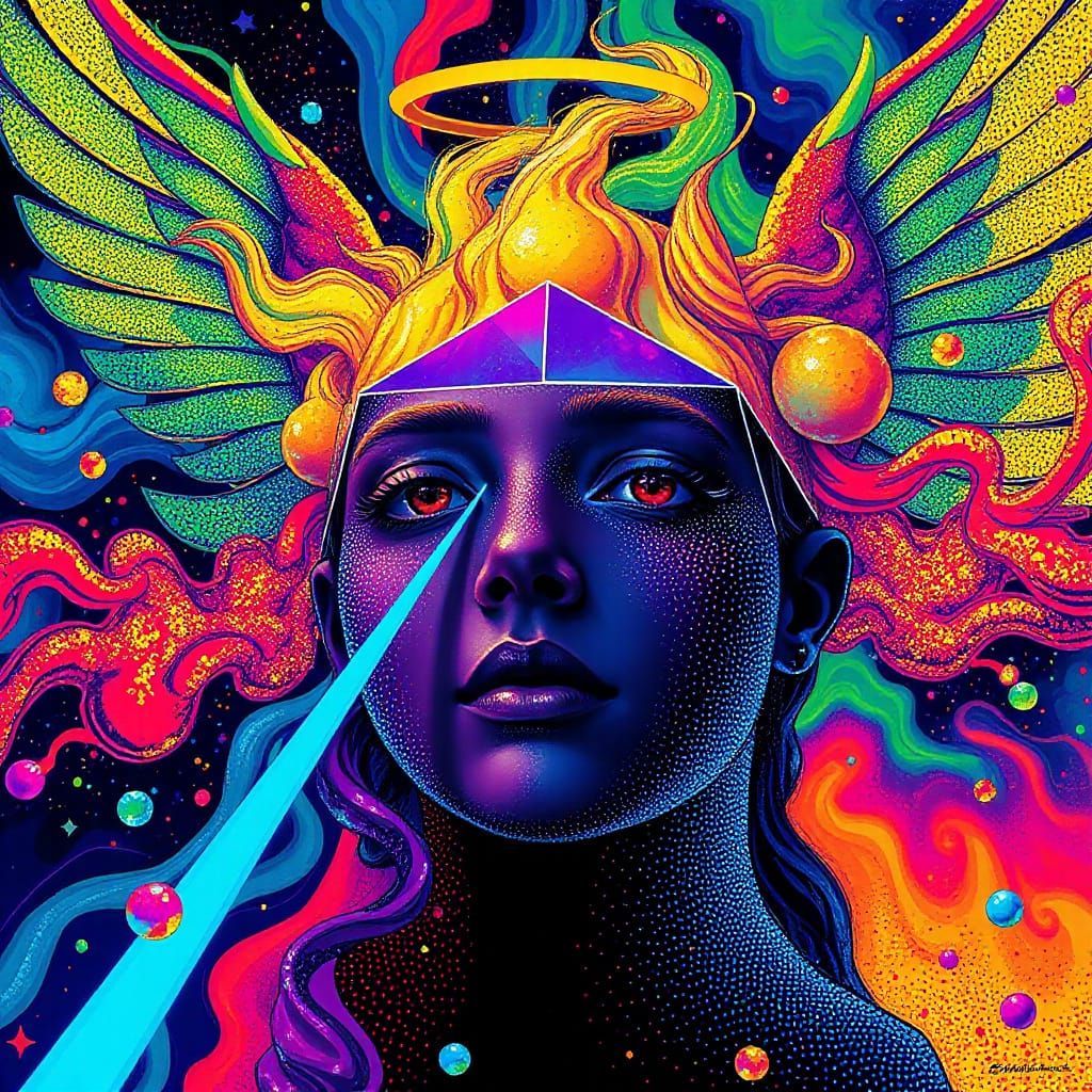 Psychedelic Angel Prism in Neon Polychromatic Style