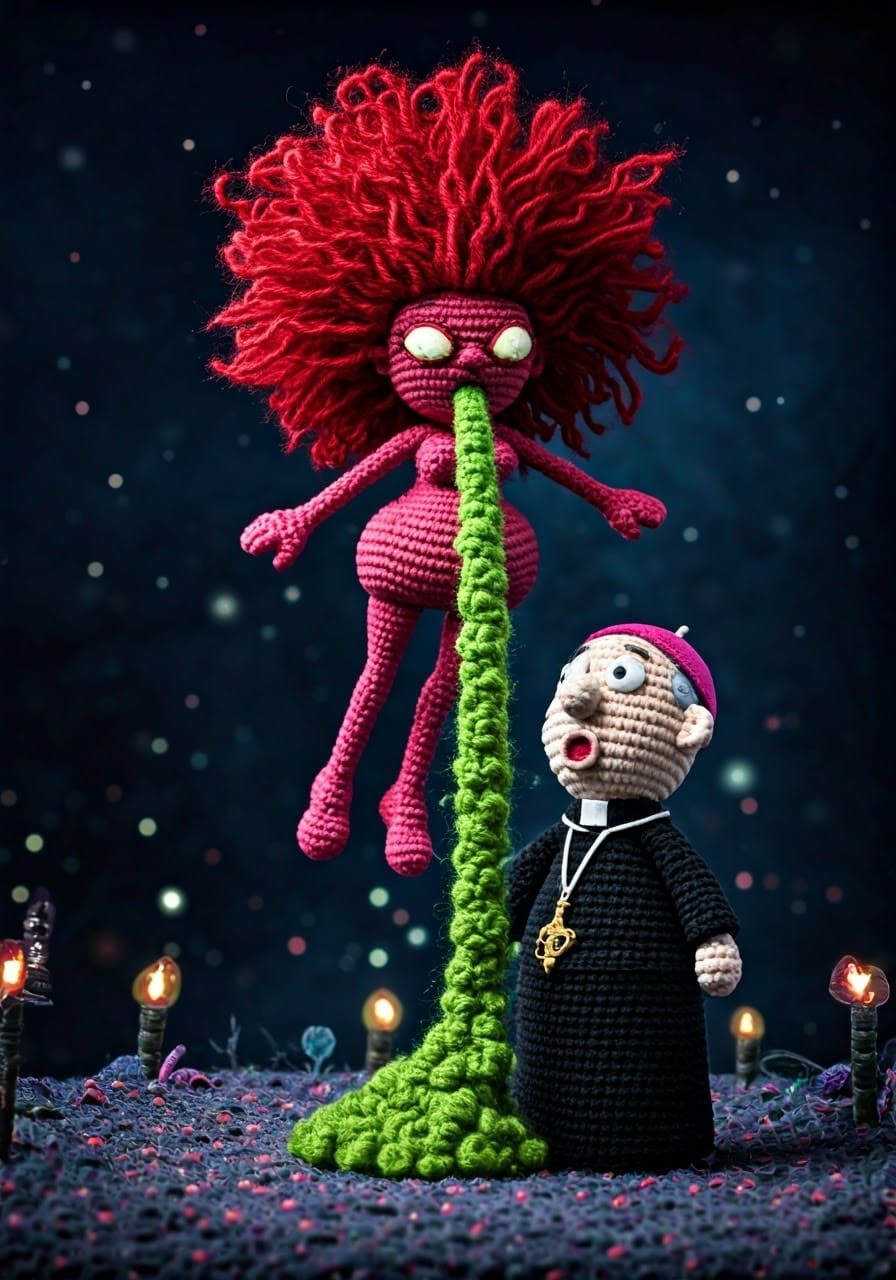 Whimsical Crochet Demon Levitates Amidst Yarn Chaos