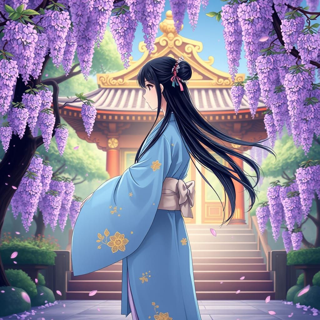 A Serene Girl in Whimsical Cherry Blossom Landscape