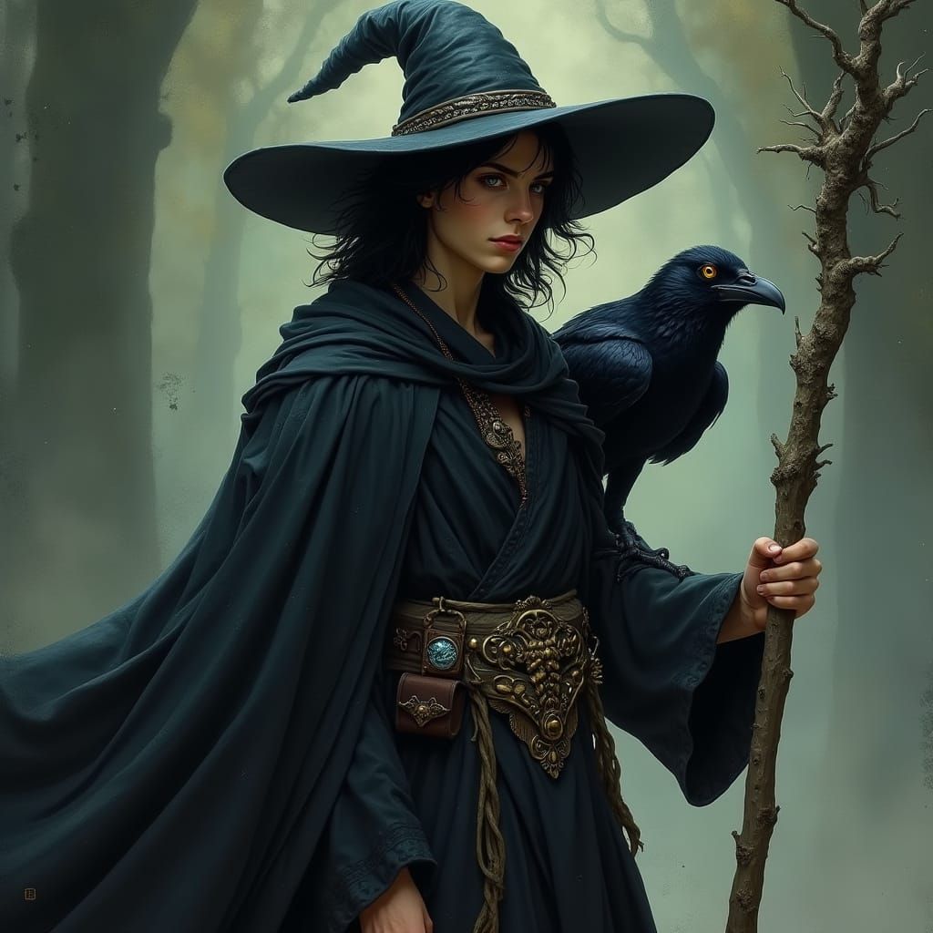 Mystical One-Eyed Wizard with Raven in Fantasy Style
