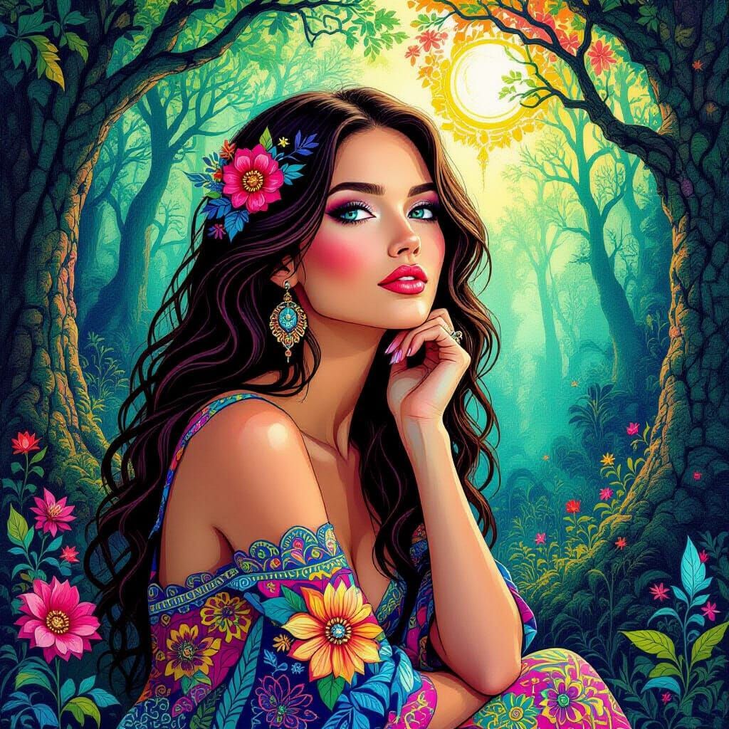 Mystical Forest Woman in Psychedelic Illustration Style