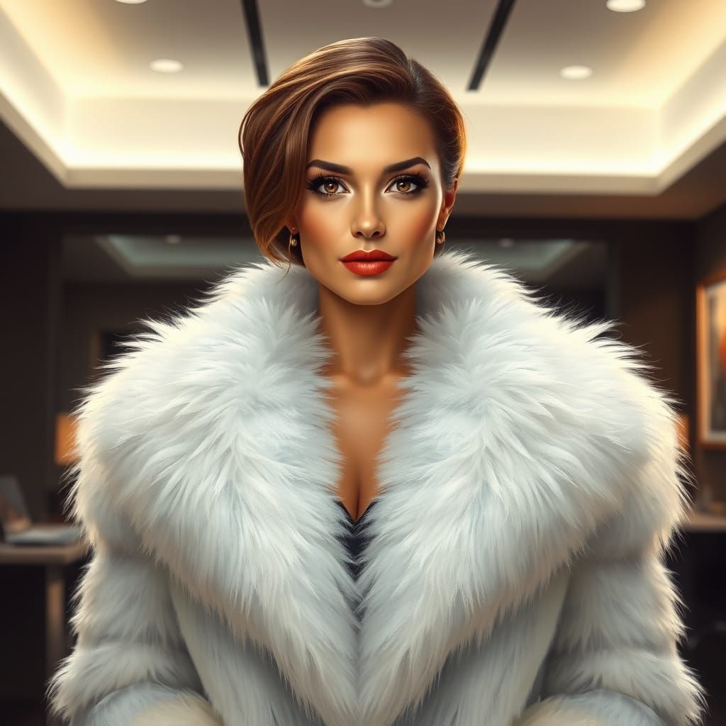 Elegant CEO in Opulent White Fox Fur Coat