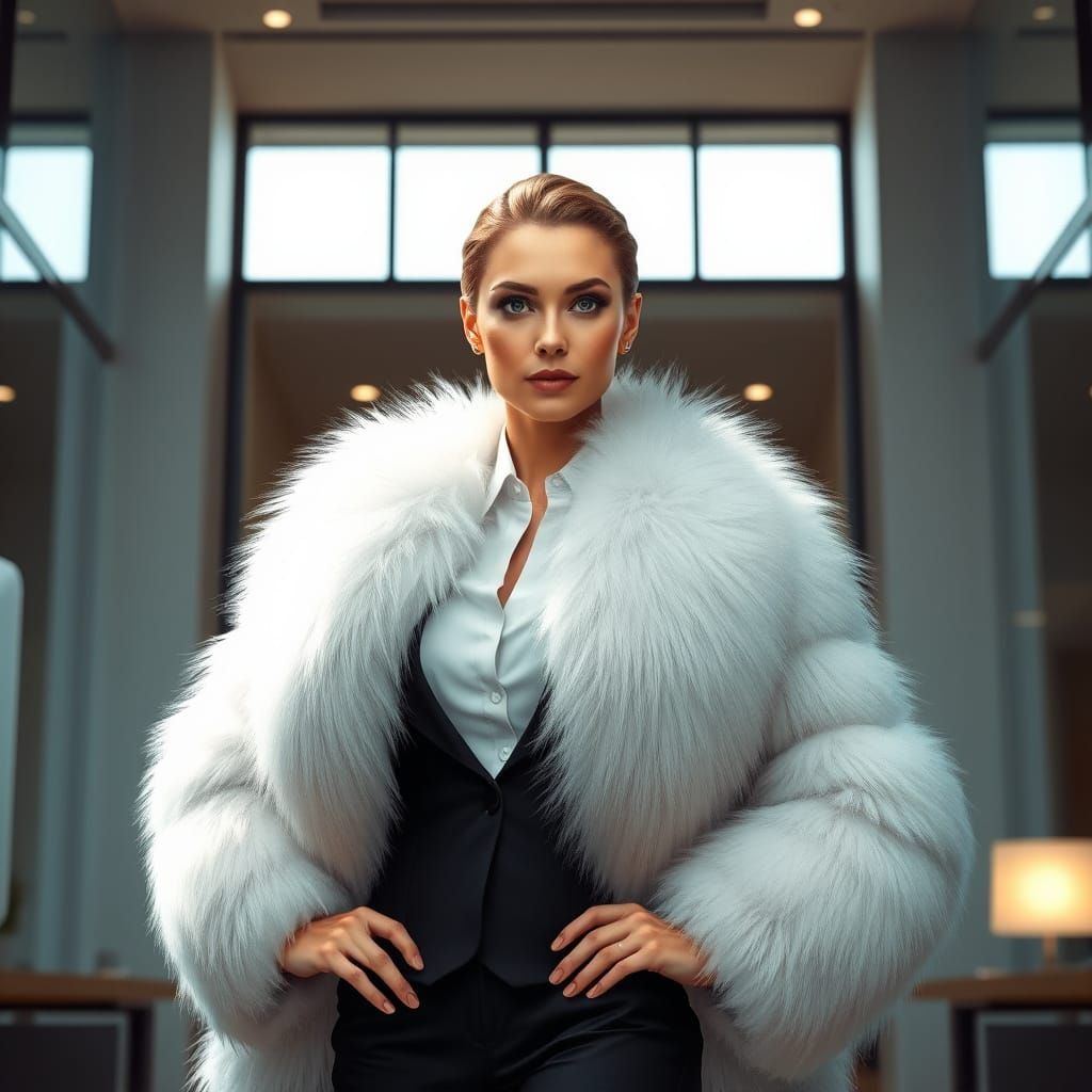 Female Boss in Luxurious White Fox Coat