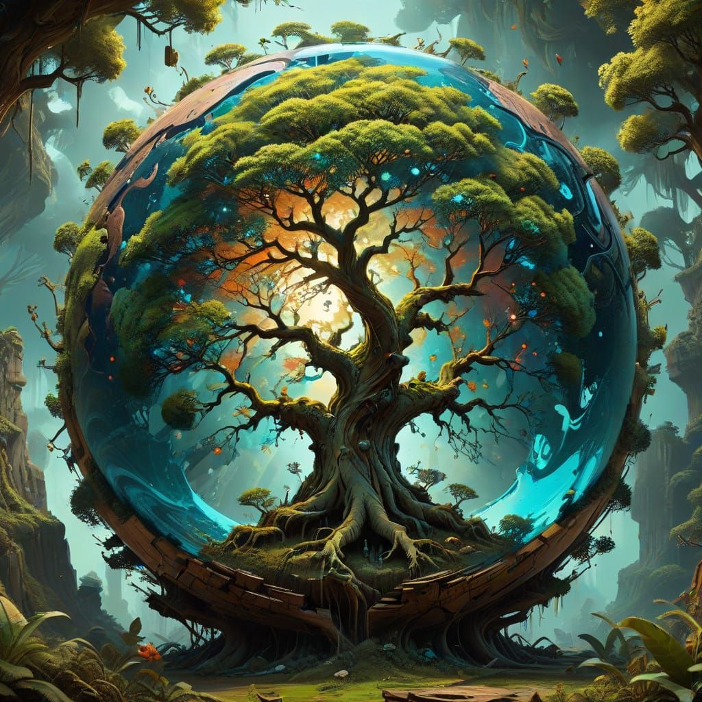 close-up temple futuristic spherical oak tree, highly detailed mixed textured  by Seve...