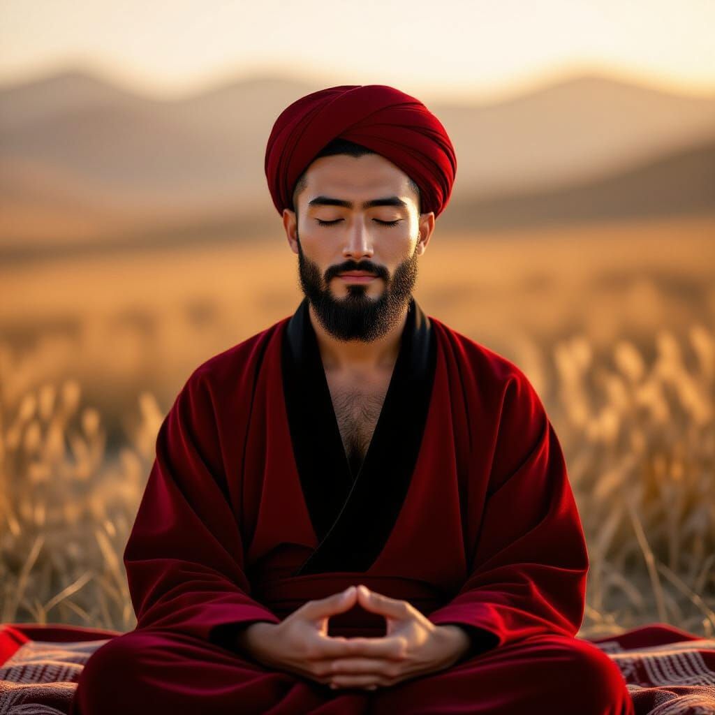 Monk Meditating in Golden Hour Prairie